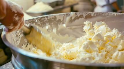 Freshly churned butter being added to dough in a large industrial mixing bowl in a dairy production plant, with a focus on the creamy texture, space for text