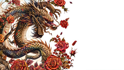 Fototapeta premium Intricate Golden Dragon with Red Roses on White Background