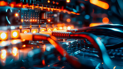 A close-up view of a network within a data center, with glowing lights and intricate wiring showcasing the complex interconnectedness of modern technology