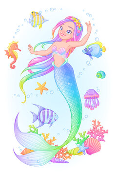 Pretty mermaid princess surrounded with fish, corals and sea creatures. Hand drawn vector illustration not AI.