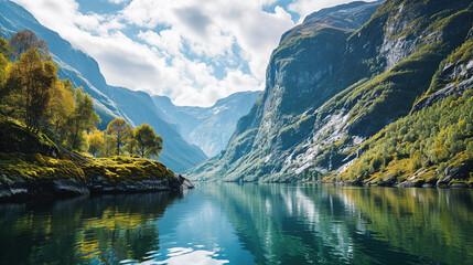 Minimalistic Landscape Of Mountains and Water Lake Alps Background