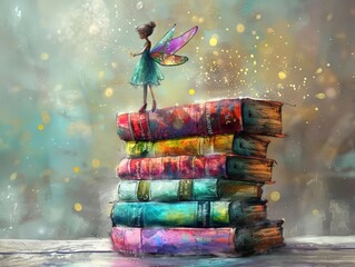 Book fairy sprinkling magic dust on a stack of origami books, fantasy style, watercolor, soft pastels