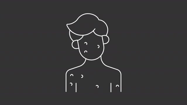 Animated pest bite white icon. Bedbugs marks line animation. Skin infection showing up. Head shake. Allergic mosquito. Isolated illustration on dark background. Transition alpha video. Motion graphic