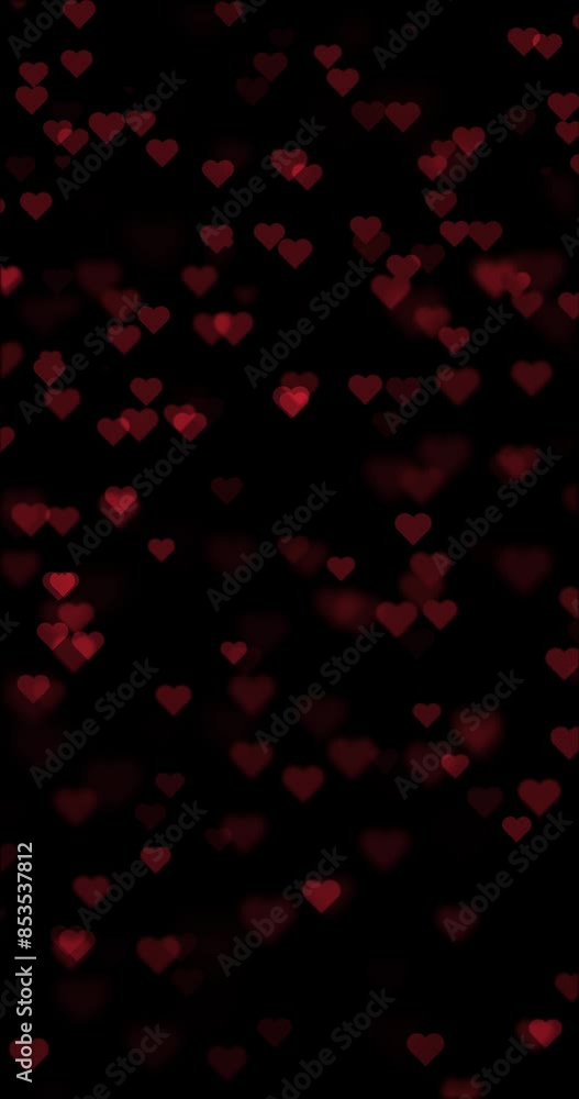 Poster falling down flickering red hearts loop vertical animation on clean black copy space background.