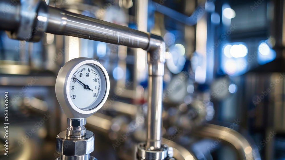 Poster a close-up image of a temperature gauge mounted on a pipe in a factory setting. the gauge is a vital