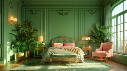 Bedroom Interior With Art Deco Style Design In Green, Pink, And Gold Colors (3D Rendering), High Quality, HD