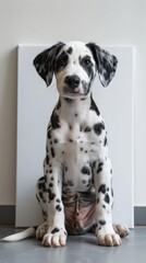 Cute puppy Dalmation is sitting next to an empty white canvas, smiling