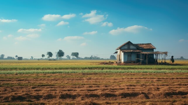 Traditional Indian village house surrounded by fields.