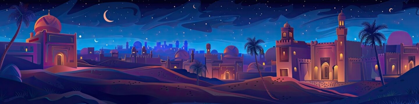 Panoramic night landscape of the ancient Arab city. Cartoon illustration.