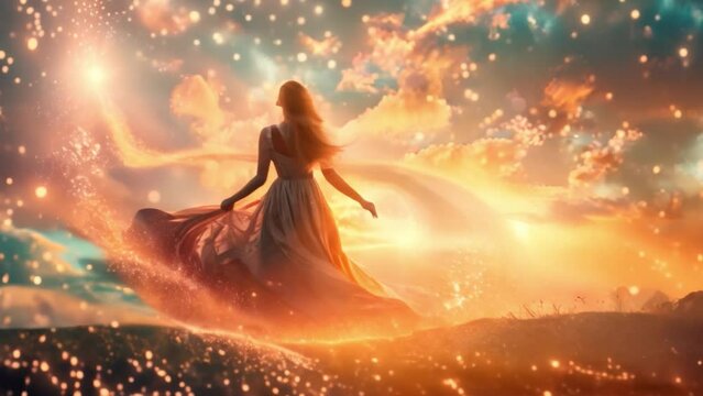 A woman dons a magical dress and steps into the cosmic dance of energies, accepting the law of attraction. She is the Goddess of Fairies. magical sea scene