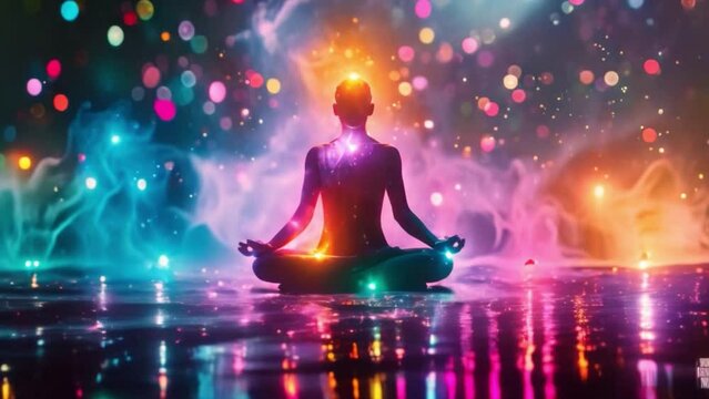 A person in a yoga pose, meditating in silhouette. Against the cosmic backdrop, pure and quiet. fusing the energy of the universe with peace.