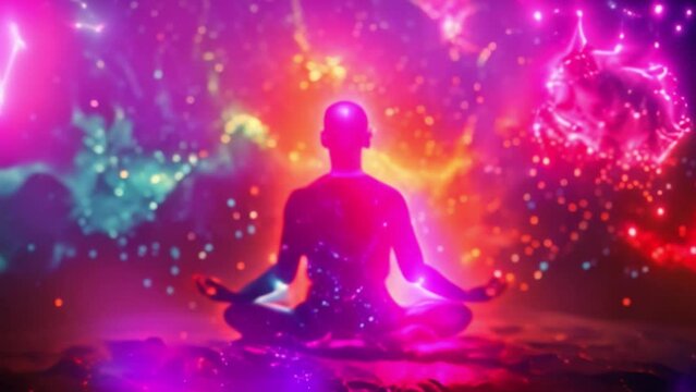 A yoga practitioner In silhouette, meditating meditating in a lotus pose with a peaceful and spiritual vibe