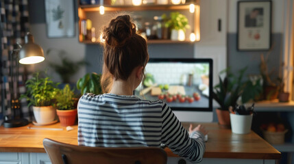 A person attending an online cooking class on a computer. Online Cooking