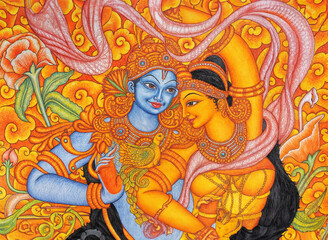 Mural Radha Krishna art painting on wall