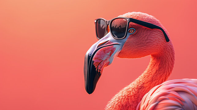 summer feeling - portrait of a flamingo bird wearing sunglasses in front of an orange background