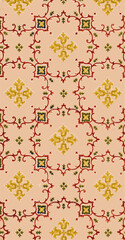 Pattern of red, green, and yellow floral and geometric shapes on a cream background, evoking a vintage aesthetic.