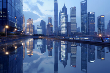 A sophisticated financial district in China hosting a delegation of Russian investors. Financial District