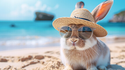 Fototapeta premium summer feeling - rabbit with sun hat and glasses on a beautiful sandy beach with the sea in the background