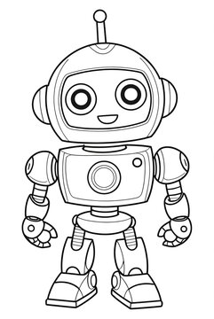 Cute humanoid robor Kids/ adult coloring page book art, black and white vector illustration