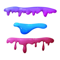 Splat slime mucus. Sticky liquid goo spots and blobs. Colorful jelly cartoon snot and smudges. Vector illustration isolated on white background
