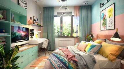 Real photo of teenager’ bedroom interior with fresh spring color theme. Fun and minimalist interior