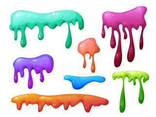 Splat slime mucus collection . Sticky liquid goo spots and blobs. Colorful jelly cartoon snot and smudges. Vector illustration isolated on white background