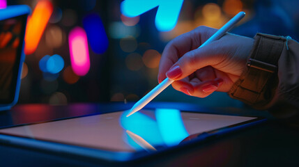 Closeup of a hand holding a stylus on a tablet from a side view for business. Stylus Tablet