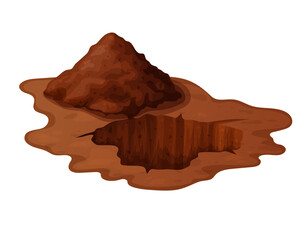 Deep hole in the ground with grass and stones. Brown soil, large cracks and ruins. Digging of sand coal waste rock. Detailed drawing in cartoon style. Vector illustration isolated on white background