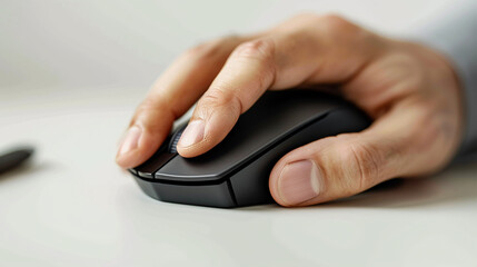 Closeup of a hand using a mouse next to a laptop from a side view for business. Mouse Laptop