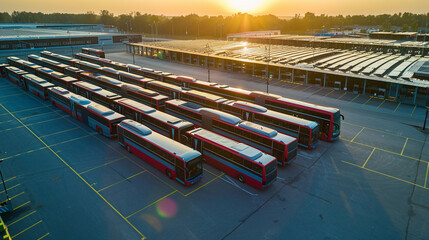 Electric buses parked at a solar-powered bus depot. Electric Buses