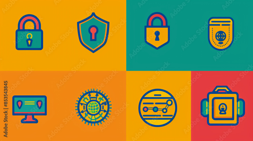 Poster four varied icons displaying lock and padlock