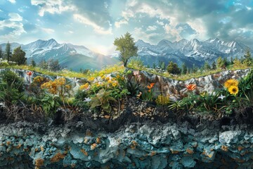 Cross-section of vibrant mountainous landscape with diverse flowers and trees, richness of flora, geological layers, natural beauty, interconnectedness of above and below ground ecosystems.