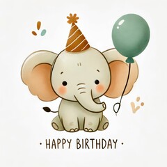 cute elephant, birthday theme. earth tone color, watercolor illustration, Perfect for nursery art, simple clipart, single object, white color background.