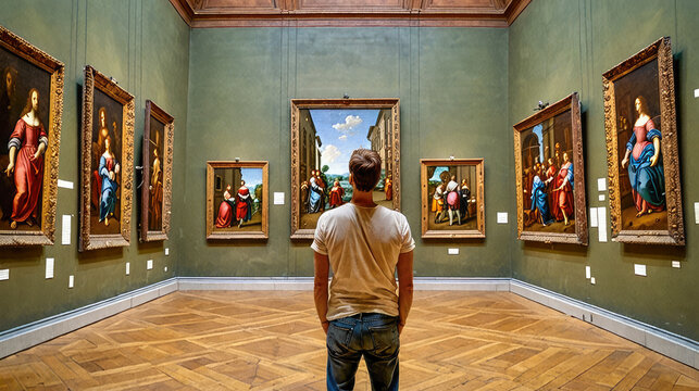 Back view adult person looking at renaissance style paintings in an old museum art gallery. person exploring museum or art gallery