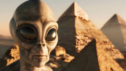 Alien Guiding the Construction of Ancient Monuments in Futuristic Landscape