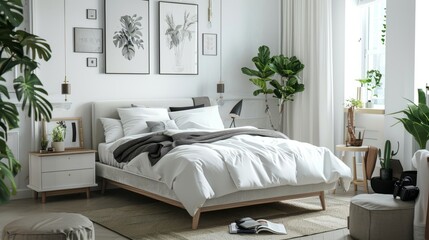 Real photo of teenager’ bedroom interior with dark white and light white color theme. Modern and minimalist interior