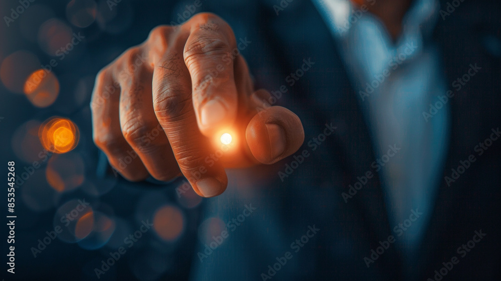 Poster depicting a businessman pressing a button, symbolizing engagement with cybersecurity concepts and di