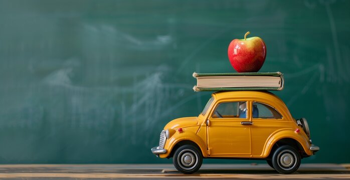 School concept with a toy car and books on green, ample room for additional elements.