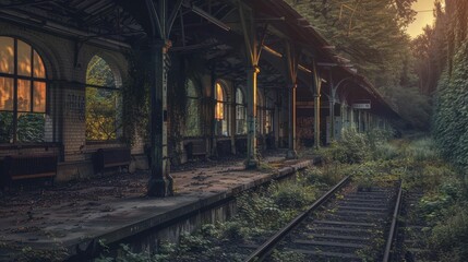 Abandoned Train Station Overgrown with Vegetation at Sunset, Capturing Eerie Beauty and Nostalgic Atmosphere