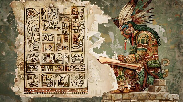 Ancient Mayan Scribe Inscribing Glyphs on Ornate Codex Manuscript