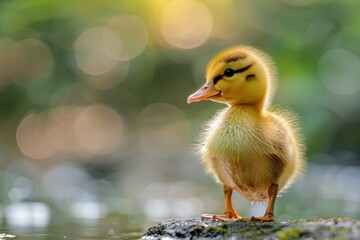 Adorable Fluffy Duckling Standing on Rock with Bokeh Background in Nature