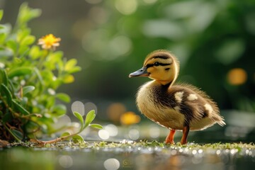Adorable Duckling Standing on Mossy Ground with Greenery and Yellow Flowers in Background