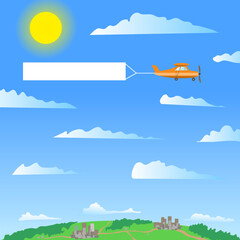 A plane with a banner flies over cities and forests. At the bottom, the cities are connected by a road, and in the sky there is the sun and light clouds. Vector illustration the plane drags a blank