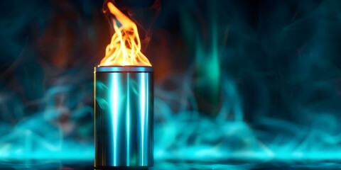 Lithium ion battery ignites emitting bright flames and billowing smoke. Concept Lithium Ion Batteries, Fire Hazards, Safety Precautions, Battery Ignition, Smoke Emission