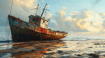 Naklejka premium Oil Painting Of On The Muddy Beach There Is A Mottled Old Fishing Boat Landscape Background