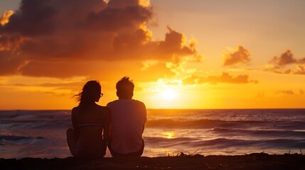 Couple Silhouettes Watching Vibrant Sunset Over Ocean Horizon