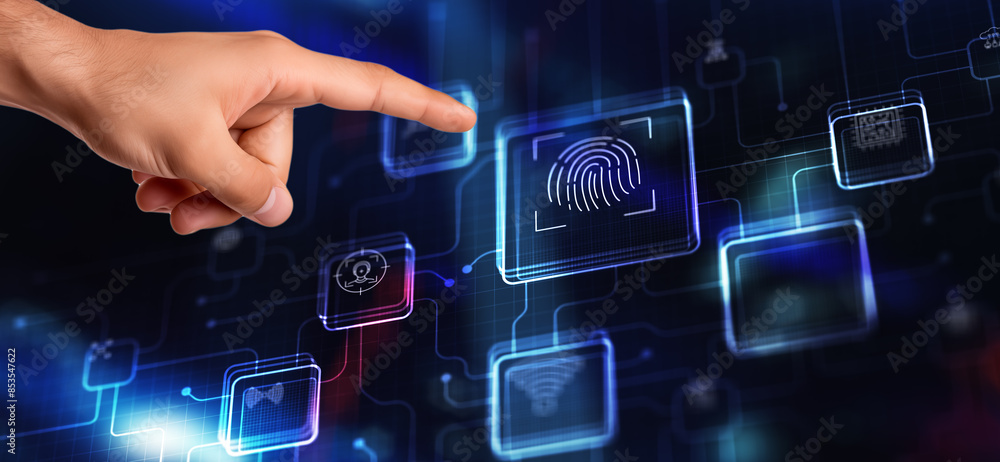 Aufkleber biometrics fingerprint concept. biometrics security with digital interface