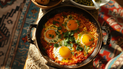 Shakshouka in a pan, dish of eggs poached in a sauce of tomatoes, chili peppers and onions