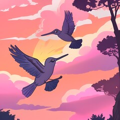 Fototapeta premium Birds flying to and fro in the forest with a beautiful sunset