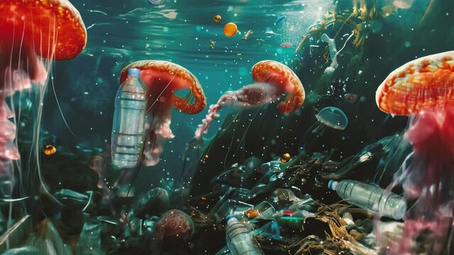 Jellyfishes floating in ocean with a lot of trash and plastic bottles, garbage floating in water and making danger for marine animals. Environment pollution concept video.